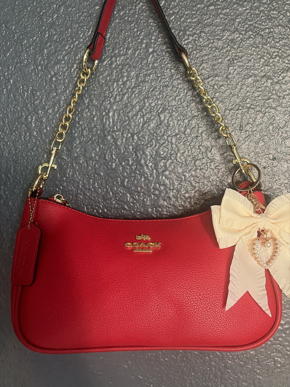 Coach Red Pebbled Leather Shoulder Bag with Gold Hardware